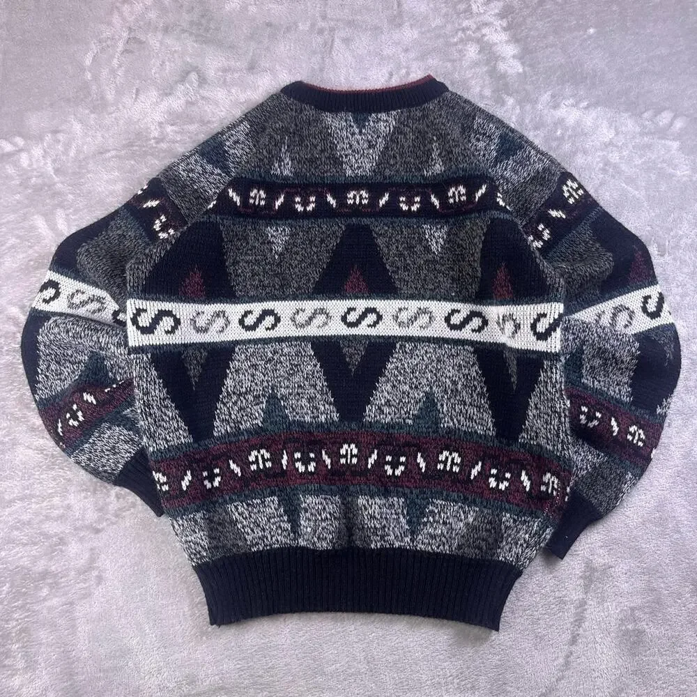 Vintage 90s Impact Sweater Men’s L Gray Burgundy Geometric Leather Patch Baggy